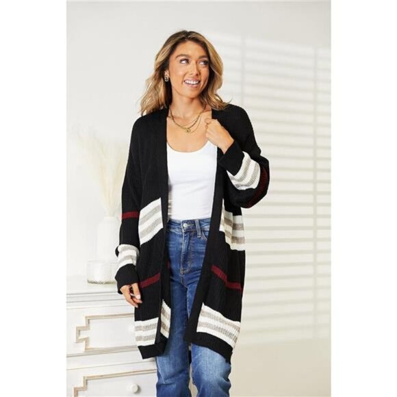 A Classy Chic Boutique Sweaters - Perfee Striped Rib-Knit Drop Shoulder Open Front Cardigan